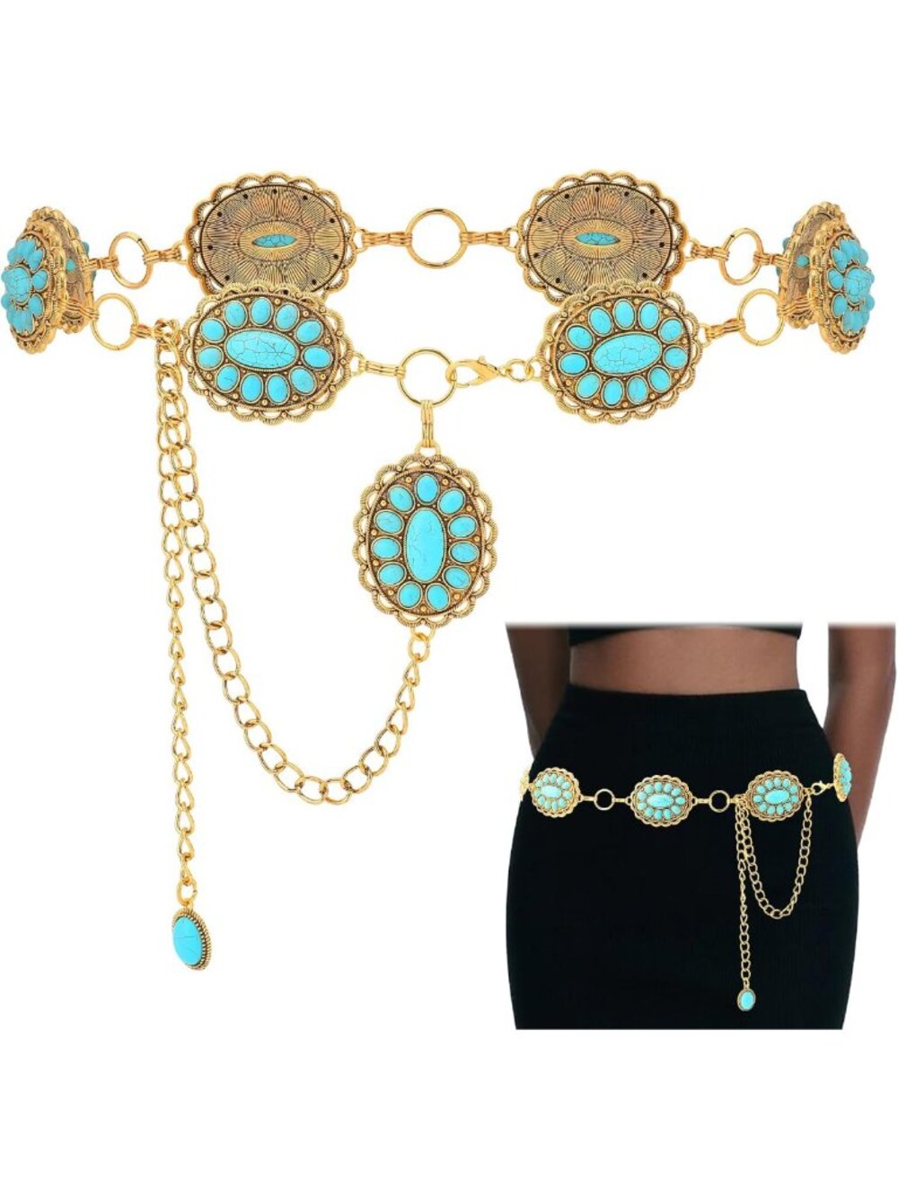 Boho Western Turquoise Concho Belt for Women - Vintage Cowgirl Style Accessory